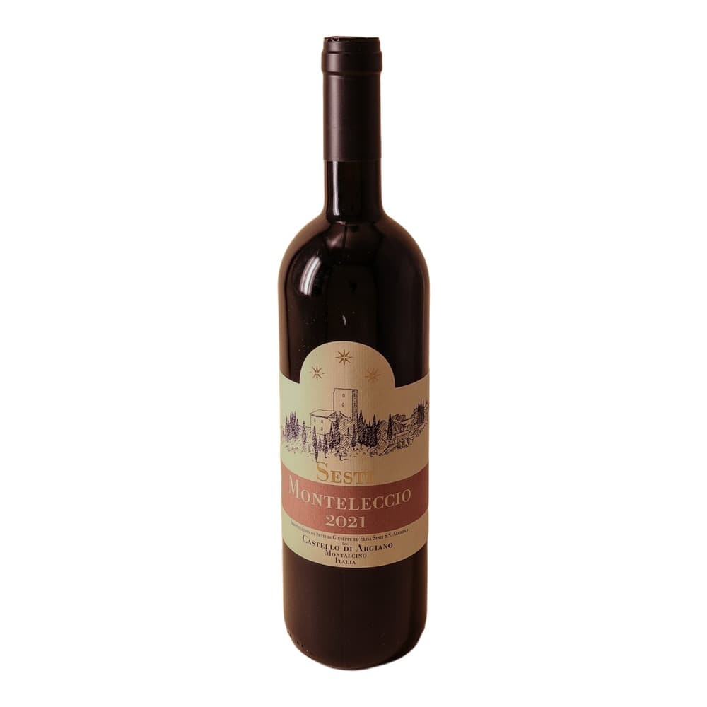A dark glass bottle of Sesti Monteleccio 2021 red wine with a cream and coral label featuring a landscape illustration, photographed against a neutral beige background.