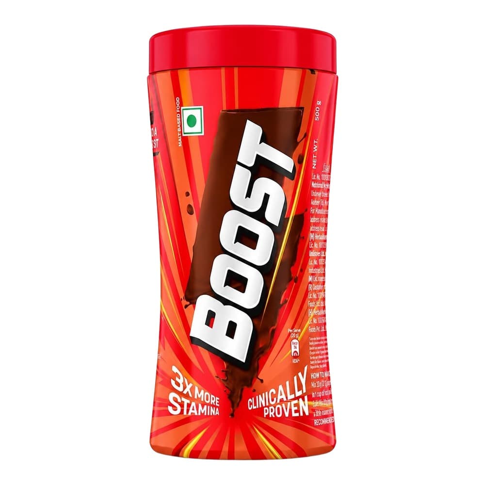 Red cylindrical container of Boost energy drink powder with white branding and '3X MORE STAMINA' text on white background