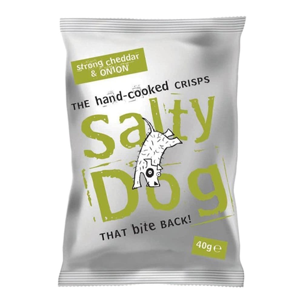 Front view of a Salty Dog crisps packet in silver and green packaging, featuring a cartoon dog logo and the flavour 'strong cheddar & onion'.