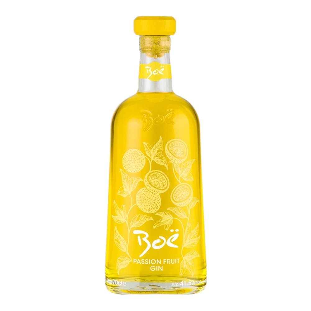 A 70cl bottle of Boe Passion Fruit Gin with bright yellow liquid, yellow cap, and decorative passion fruit and leaf illustrations on the label, photographed against a soft grey background.