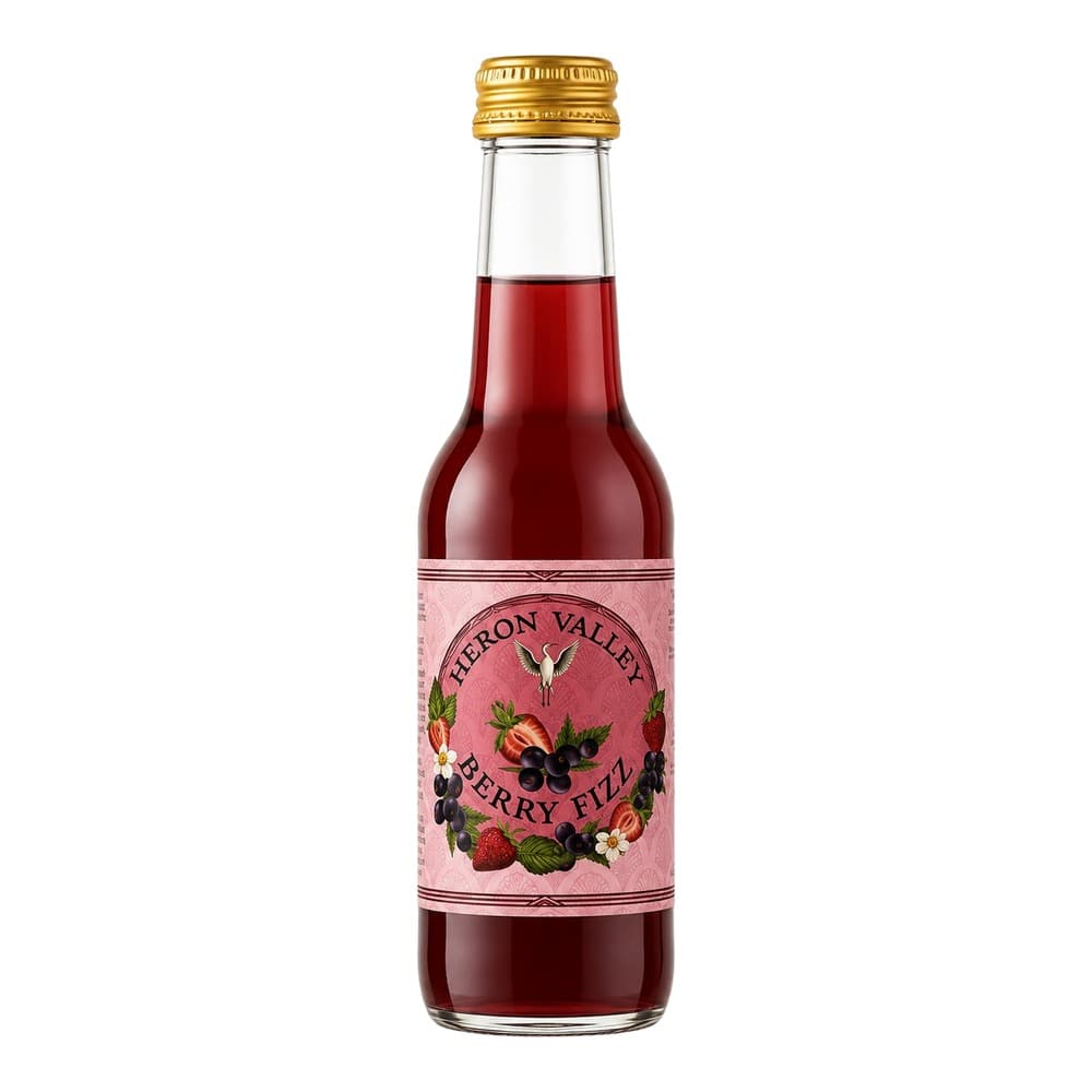 A bottle of Heron Valley Berry Fizz carbonated beverage with a golden cap, pink label featuring berry illustrations, and deep red liquid against a white background.