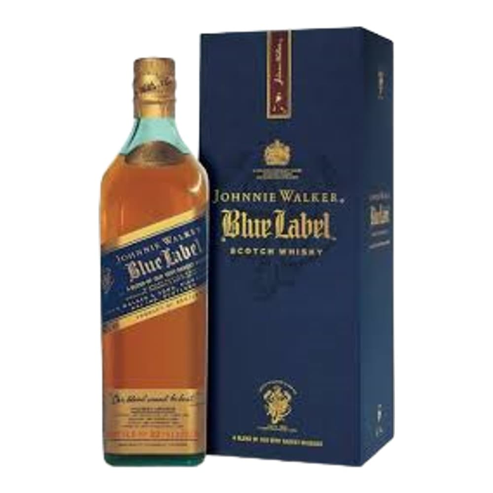 A bottle of Johnnie Walker Blue Label Scotch whisky displayed next to its dark blue presentation box with gold branding