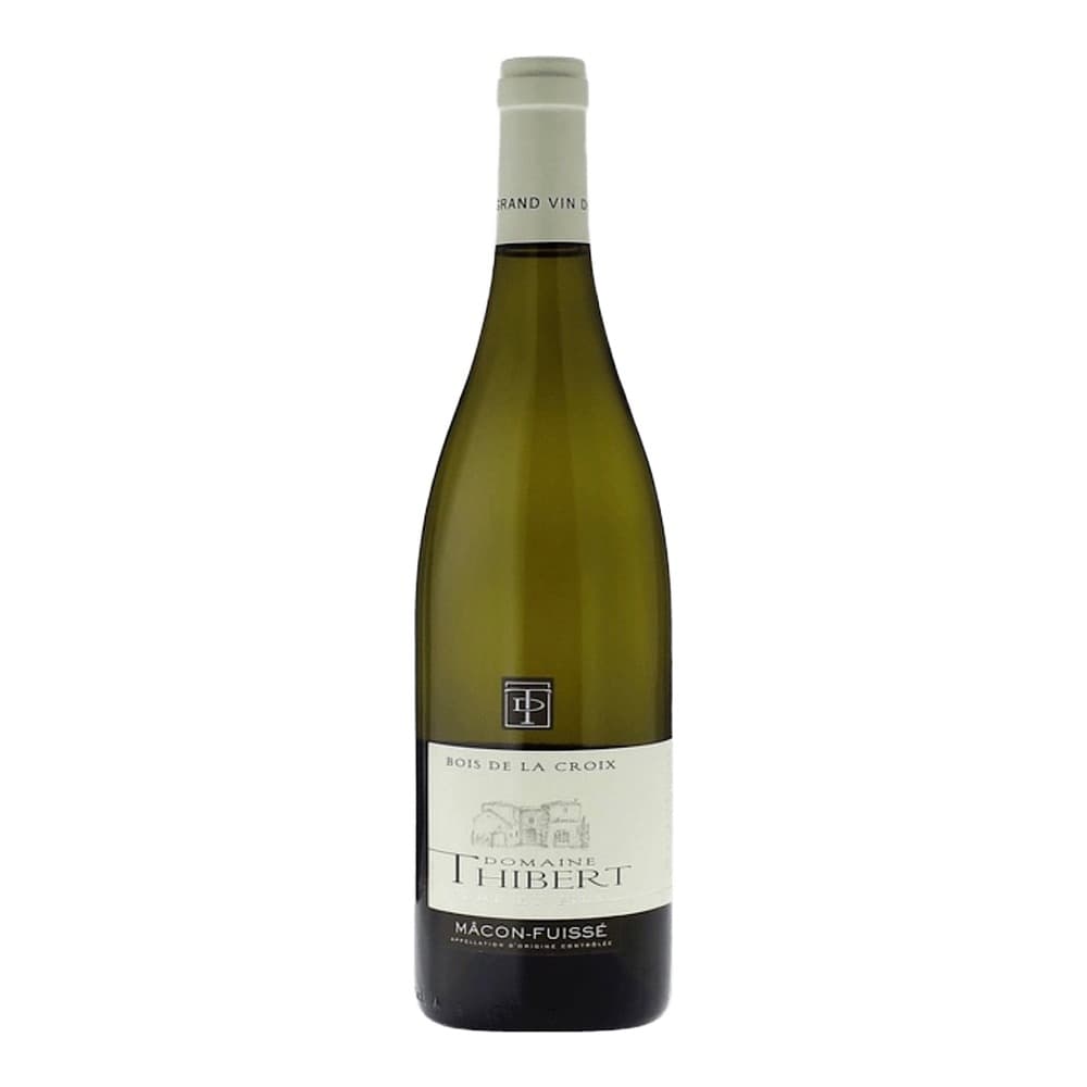 A bottle of Domaine Thibert Mâcon-Fuissé white wine with cream-coloured foil capsule, displayed against a plain white background.