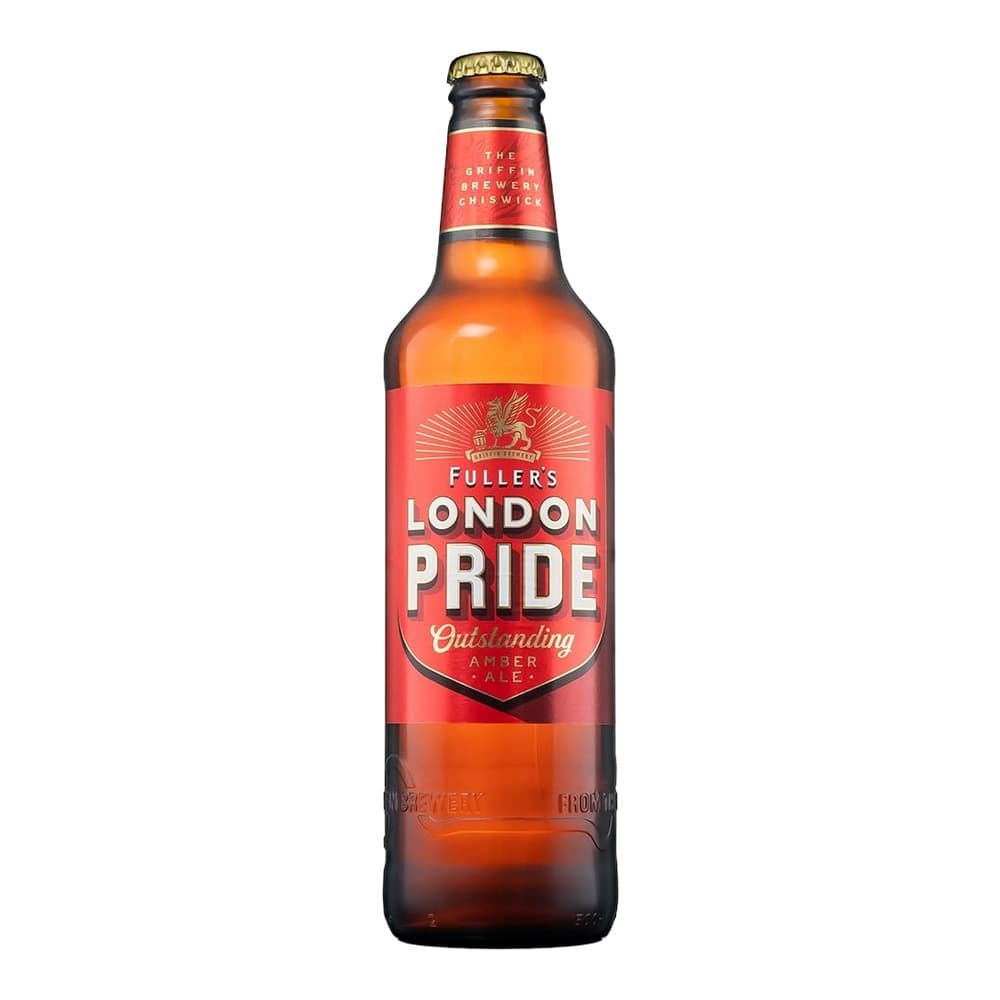 A single bottle of Fuller's London Pride amber ale with a red label and gold crown cap, photographed against a white background.