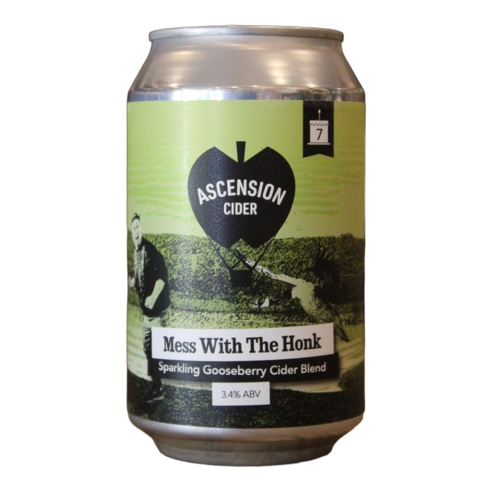 A 3.4% ABV aluminium can of Ascension Cider's Mess With The Honk sparkling gooseberry cider blend, displayed on a wooden surface with a blurred background.
