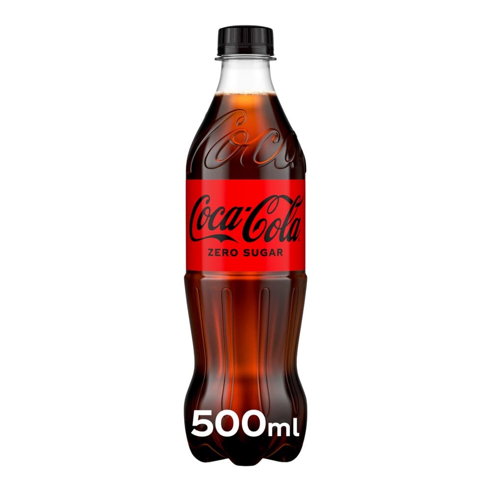 A 500ml bottle of Coca-Cola Zero Sugar with a black cap and red label on a white background