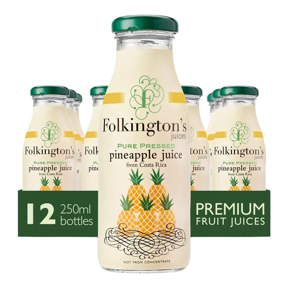 Pack shot of Folkington's pineapple juice bottles featuring a 12-pack of 250ml glass bottles with green caps and decorative pineapple labelling on white background