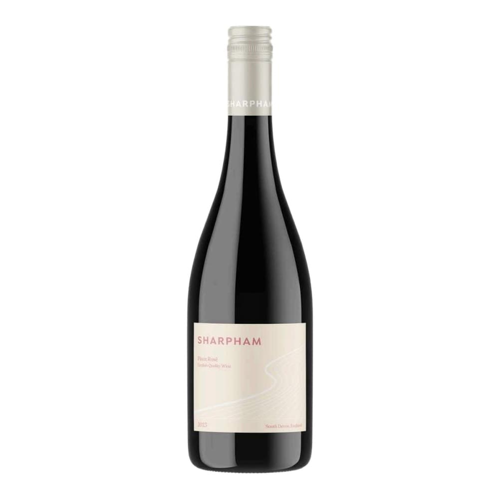 A bottle of Sharpham Pinot Noir red wine with a cream-coloured label on a white background.