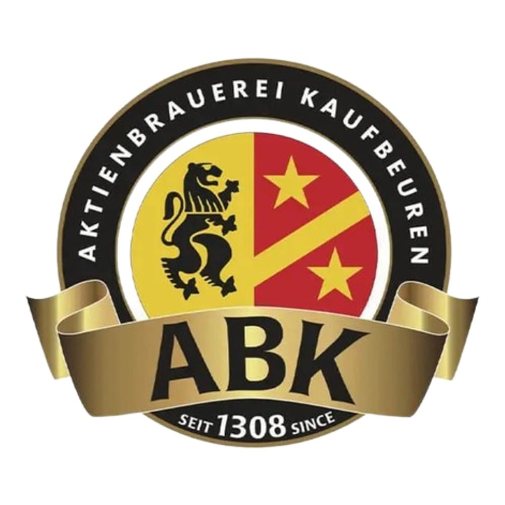 Logo for ABK (Aktienbrauerei Kaufbeuren), a German brewery established in 1308, featuring a shield with a lion and stars on a circular badge with gold ribbon banner