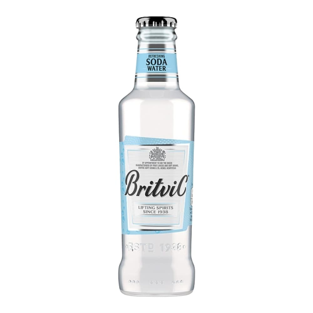 Clear glass bottle of Britvic Refreshing Soda Water with blue and white label on white background