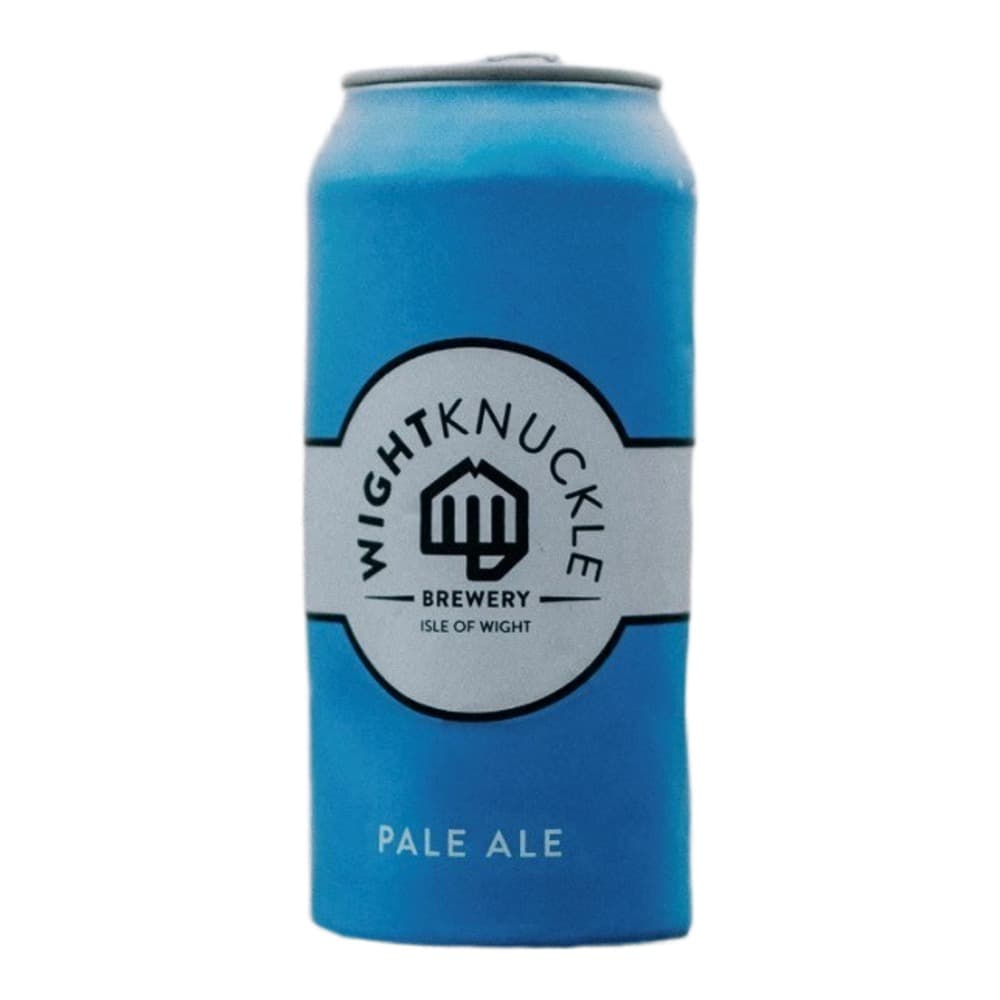 A bright blue aluminium can of Pale Ale from Wight Knuckle Brewery on a neutral grey background