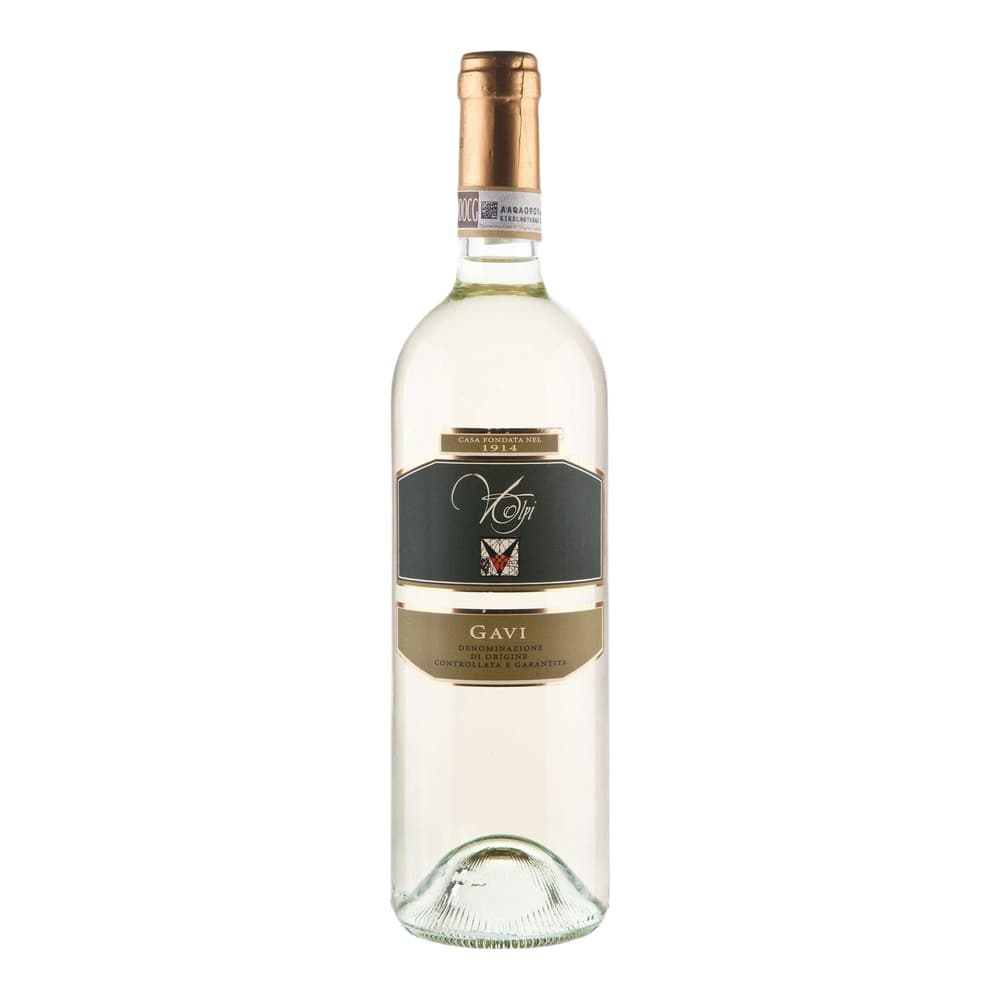 A bottle of Roji Gavi white wine with a gold foil-topped cork, featuring a dark label with gold accents on a plain white background.