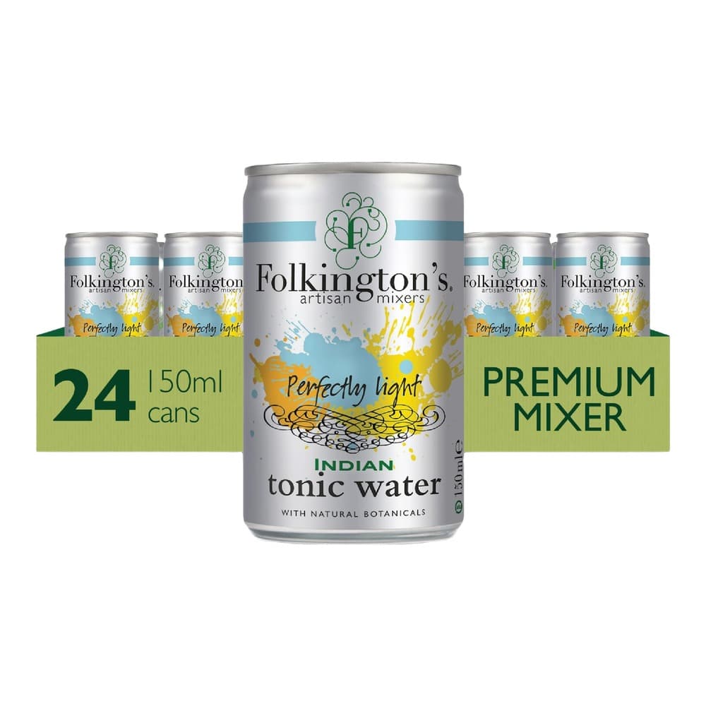 Pack shot of Folkington's Artisan Mixers Indian Tonic Water showing a central 150ml can surrounded by smaller 50ml cans and green branded packaging, displayed against a white background.