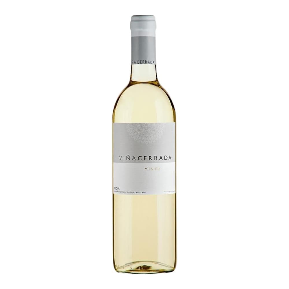 A bottle of Viña Cerrada white wine with a grey label against a plain white background.