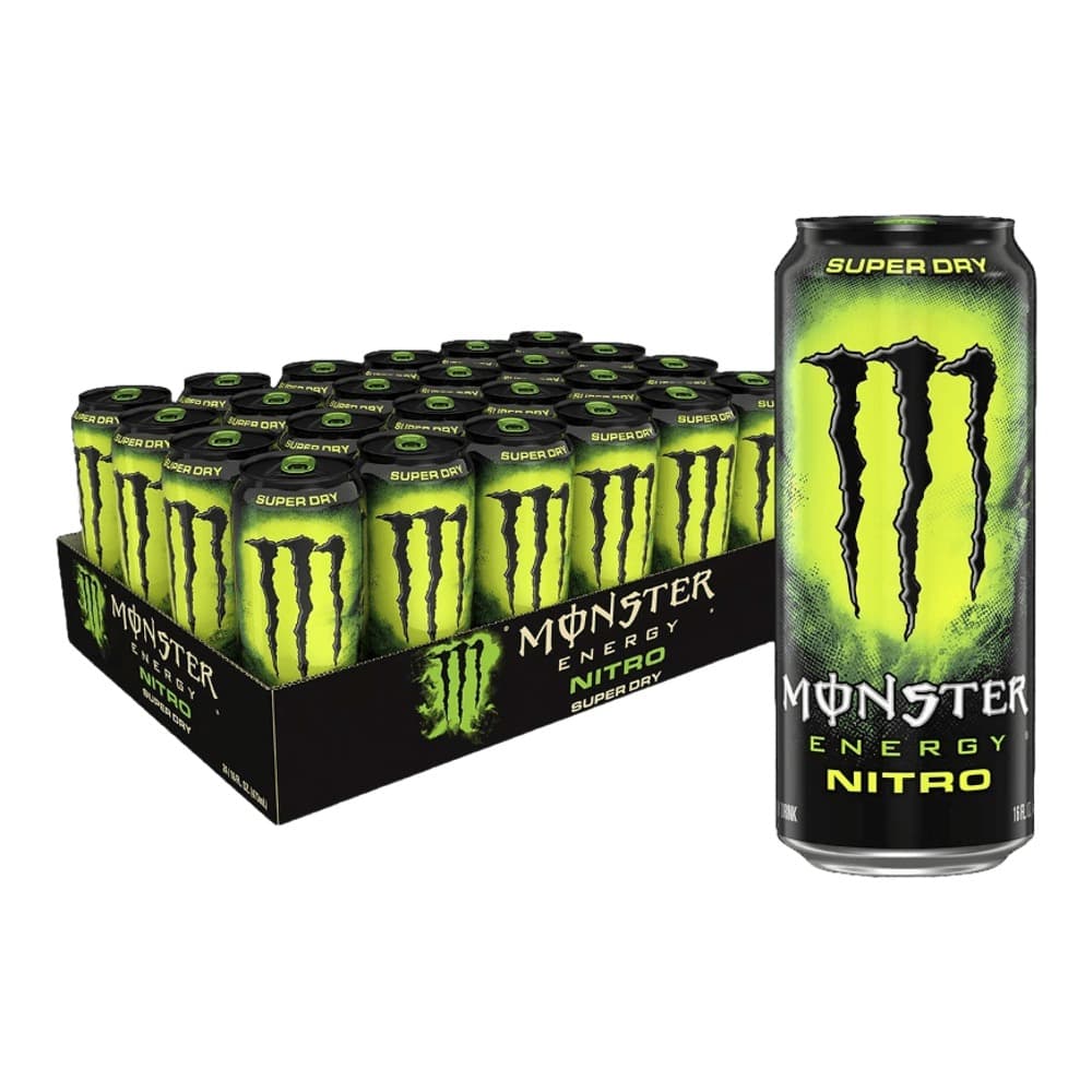 A product display showing a case of Monster Energy Nitro Super Dry energy drink cans in neon yellow and black packaging, with one individual can featured prominently on the right side.