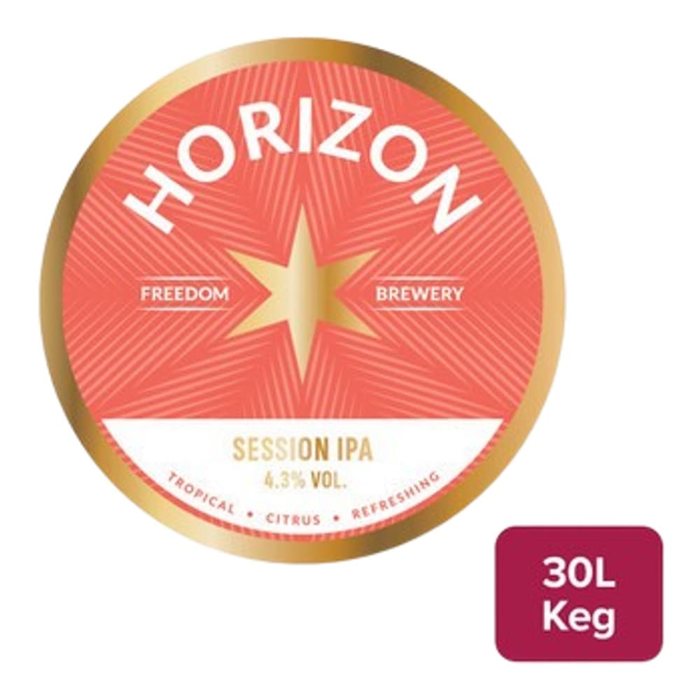 Circular beer keg label for Horizon Freedom Brewery Session IPA with gold border and red background featuring a four-pointed star design, with 30L Keg size indicator.