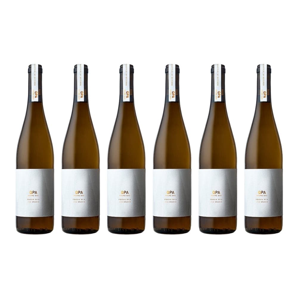 Six bottles of OPA white wine arranged in a row against a white background, featuring white labels with gold branding and dark glass bottles with striped foil caps.
