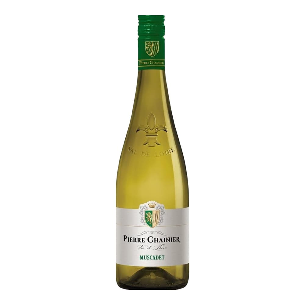 A bottle of Pierre Chainier Muscadet white wine with a green foil cap and white label, displayed against a plain light grey background.