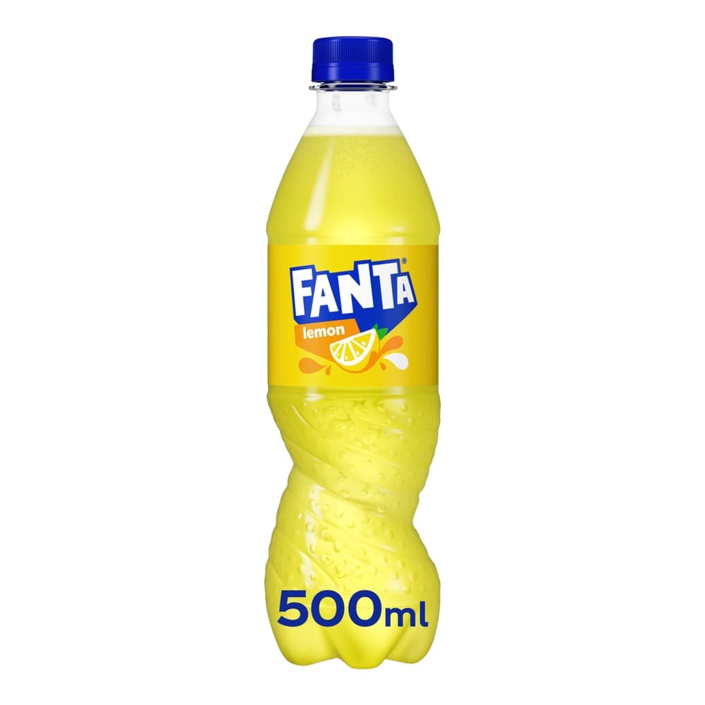 A bottle of Fanta lemon soft drink with a blue cap and yellow label, 500ml size, isolated on a white background.