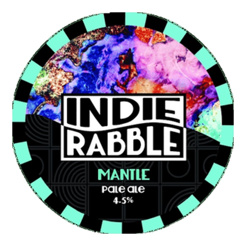 Circular beer label for Indie Rabble Mantle Pale Ale 4.5% with colourful abstract art design and turquoise and black geometric border