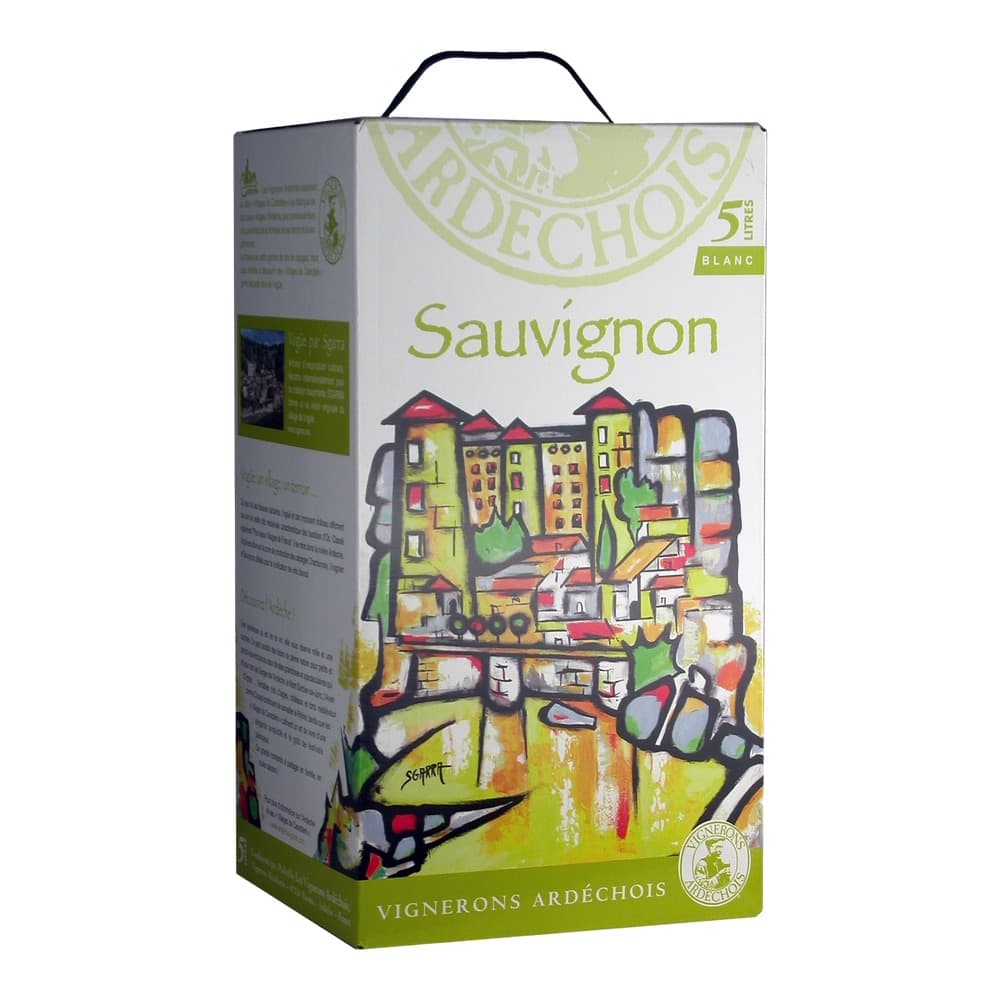 Cardboard box of Ardéchois Sauvignon Blanc white wine featuring colourful illustrated architecture and a carry handle