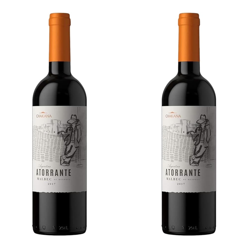 Two bottles of Chakana Atorrante Malbec from Argentina 2017 with orange foil capsules against a white background
