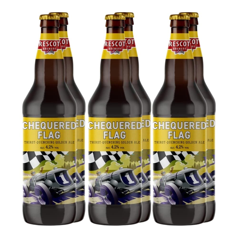 Three bottles of Prescott Brewery Chequered Flag golden ale with yellow and black checkered flag label design and gold caps against a white background.