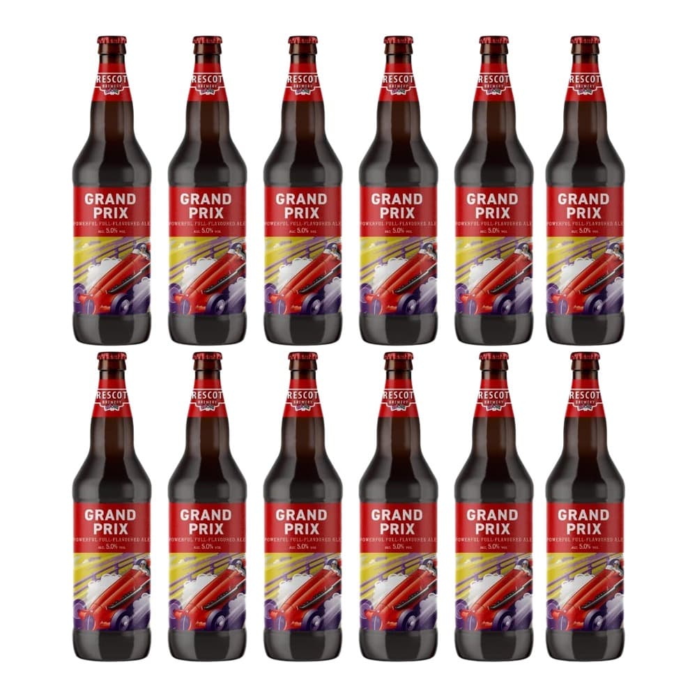 Twelve brown beer bottles with red caps and Grand Prix labels featuring a red racing car design, arranged in two rows of six against a white background.
