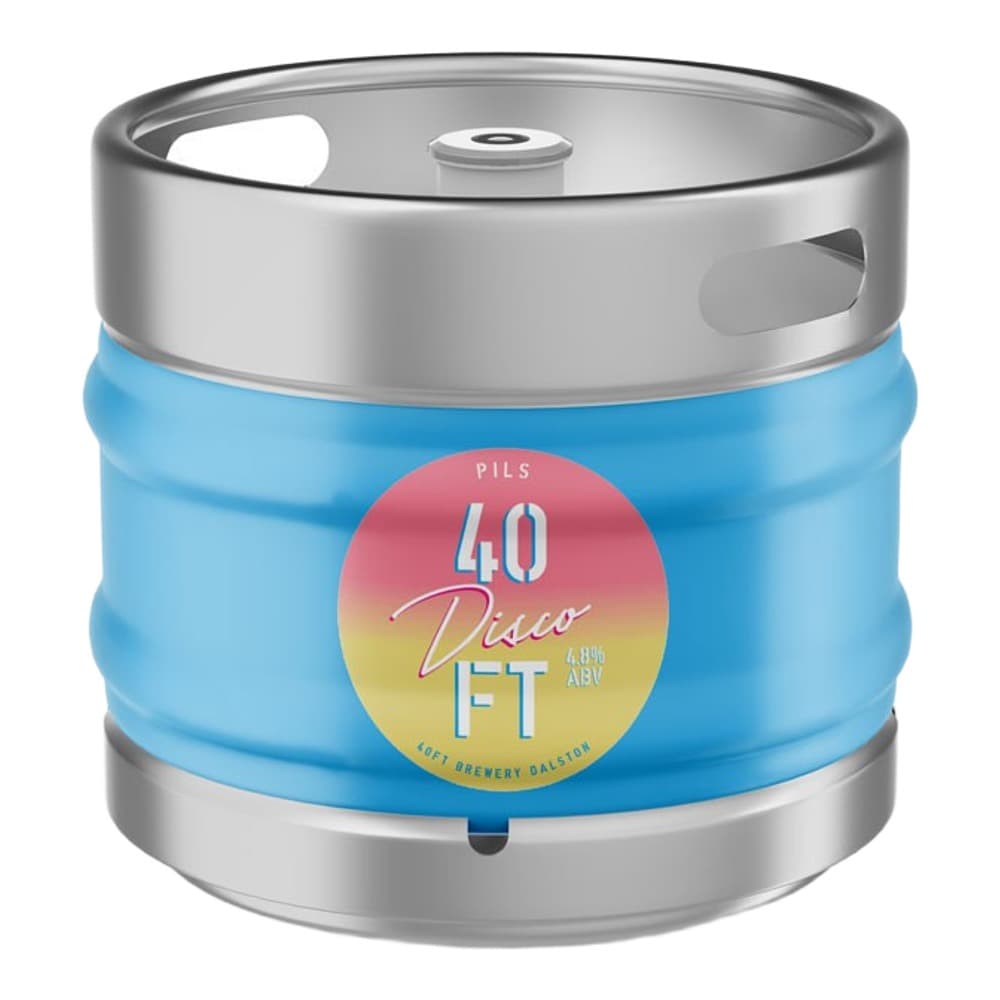 A blue and silver beer keg with a colorful circular label reading 'Pils 4.0 Duro IFT' featuring red, yellow and gradient design elements on a white background.