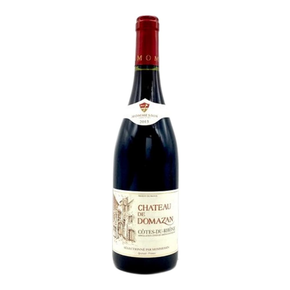 A bottle of Château de Domazon Côtes de Rhône red wine with a red foil capsule and cream-coloured label on a plain white background.