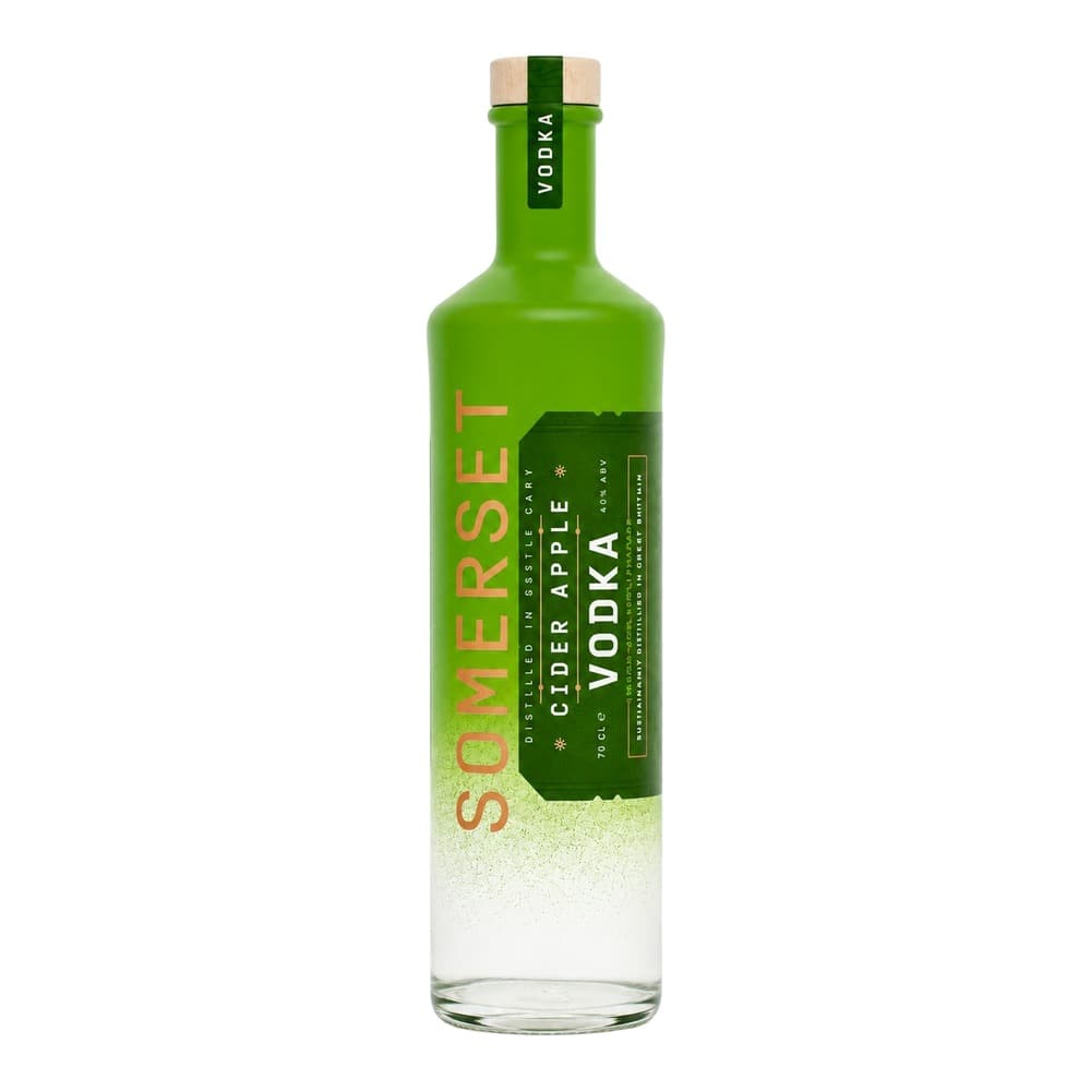A bright green glass bottle of Somerset Cider Apple Vodka with wooden cork stopper, featuring gold text and a dark green label band on a white background.