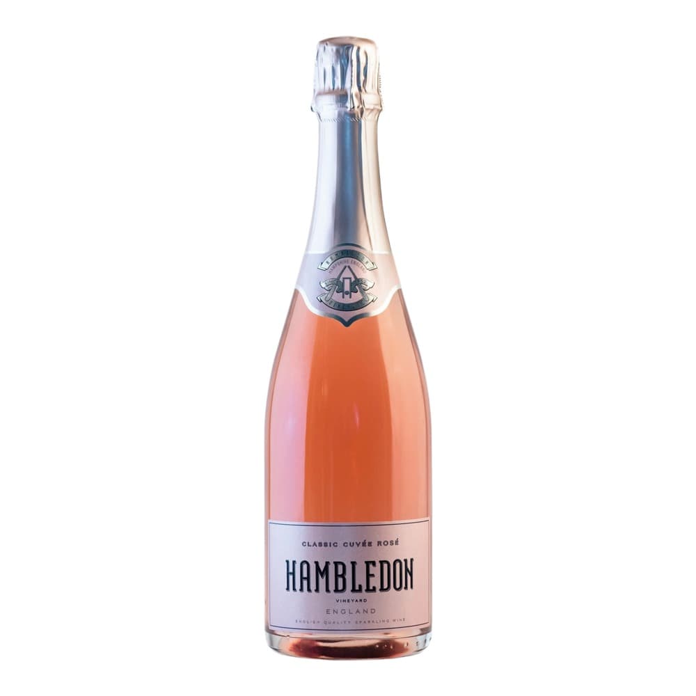 A bottle of Hambledon Classic Cuvée Rosé English sparkling wine from Hambledon Vineyard, displayed against a plain white background.