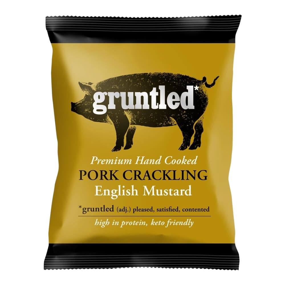 A gold and black packet of Gruntled pork crackling with English mustard flavour, featuring a black pig illustration and product details on a white background.