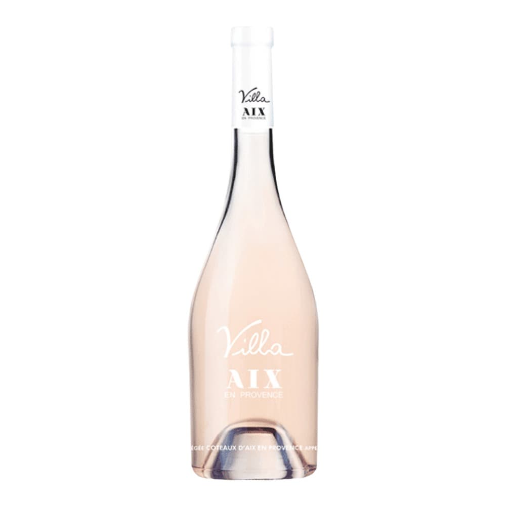 A bottle of Villa Aix En Provence rosé wine with pale pink liquid against a white background.