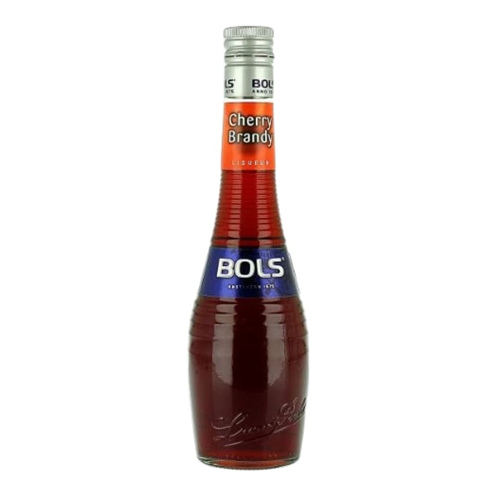 A bottle of Bols Cherry Brandy liqueur against a white background, featuring a clear glass bottle with red liquid, orange and blue label, and metal screw cap.