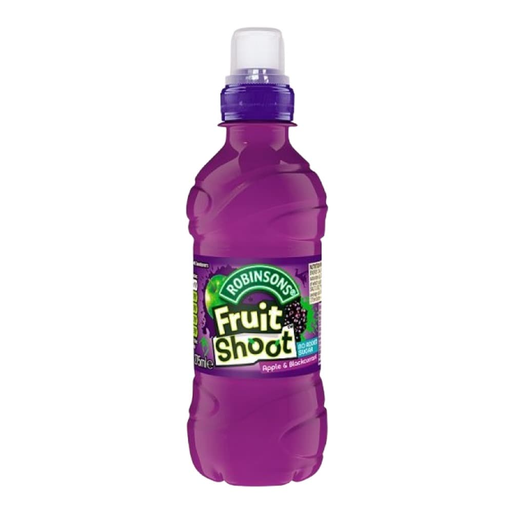A purple plastic bottle of Robinsons Fruit Shoot juice drink in Apple & Blackcurrant flavour against a plain white background.