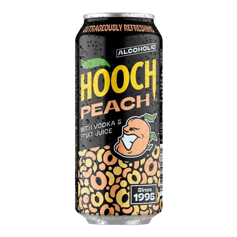 A black aluminium can of Hooch Peach alcoholic drink with vodka and fruit juice, featuring a peach character illustration and decorative fruit pattern design on a white background.