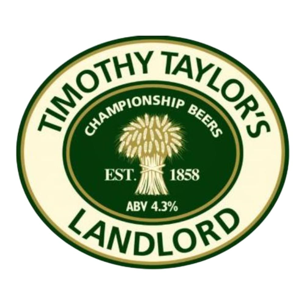 Timothy Taylors Landlord beer pump clip logo featuring a cream and dark green circular design with a wheat sheaf emblem, established 1858, ABV 4.3%