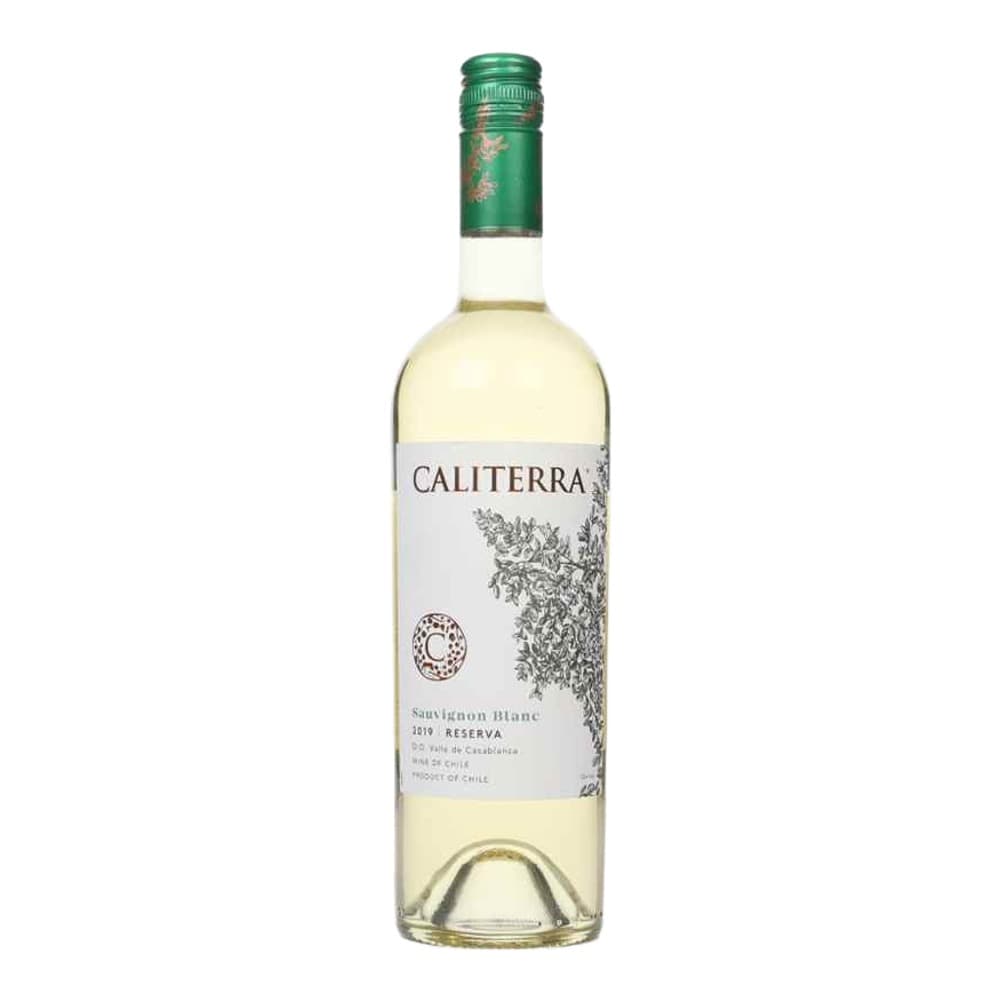A bottle of Caliterra Sauvignon Blanc 2019 Reserva white wine from Chile, displayed against a white background with a green foil capsule and white label.