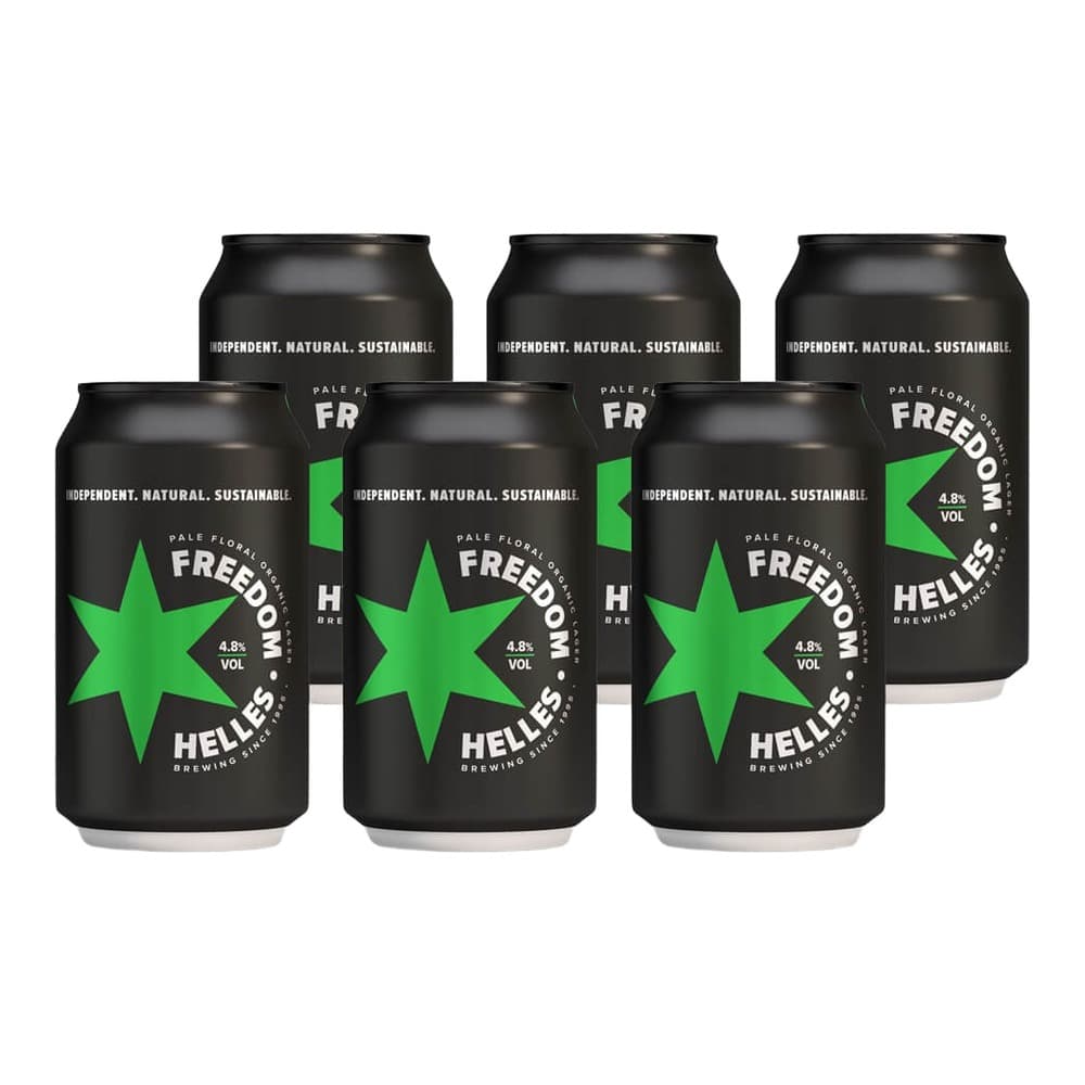Six black cans of Freedom Pale Floral craft beer with a bright green star logo and white text, displaying 4.8% ABV, arranged in a group on a white background.