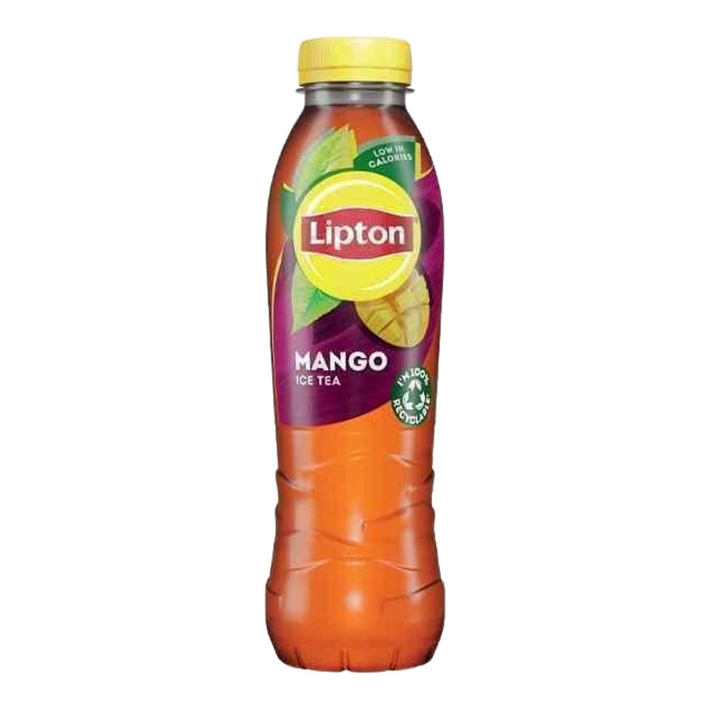 A plastic bottle of Lipton Mango Ice Tea with a yellow cap and colourful label featuring mango imagery on a plain white background.