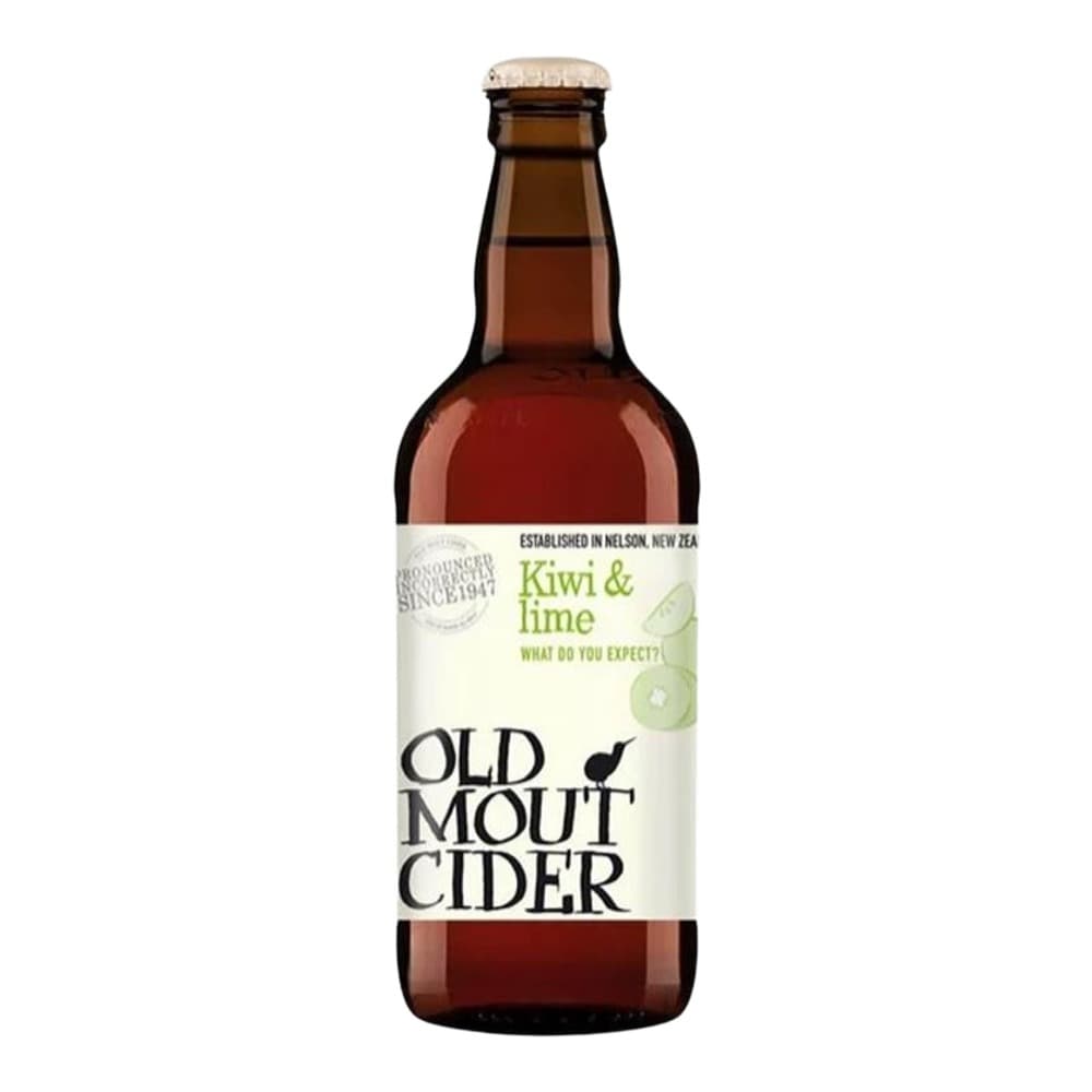 A bottle of Old Mout Cider Kiwi & Lime against a white background, featuring a cream-coloured cap and label with green text and kiwi fruit imagery.