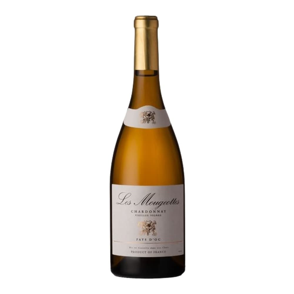 A bottle of Les Mougeottes Chardonnay white wine from Pays d'Oc, France, displayed against a plain white background.