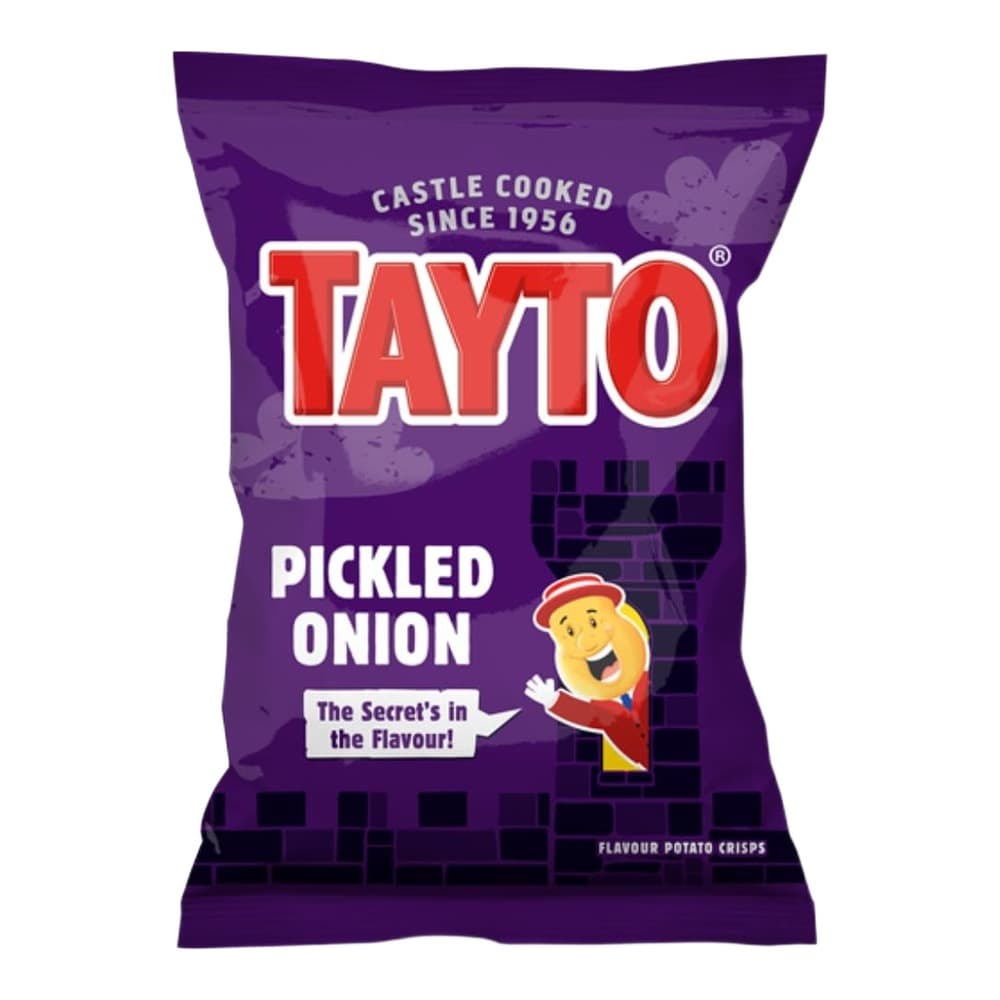 Purple packet of Tayto pickled onion flavoured potato crisps featuring the brand logo and a cartoon character mascot against a brick wall background.