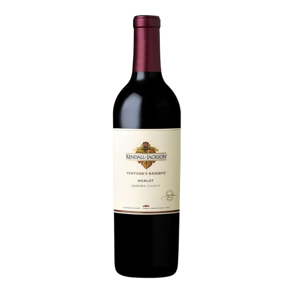 A bottle of Kendall-Jackson Vintner's Reserve Merlot from Sonoma County with a burgundy capsule and cream-coloured label on a white background.