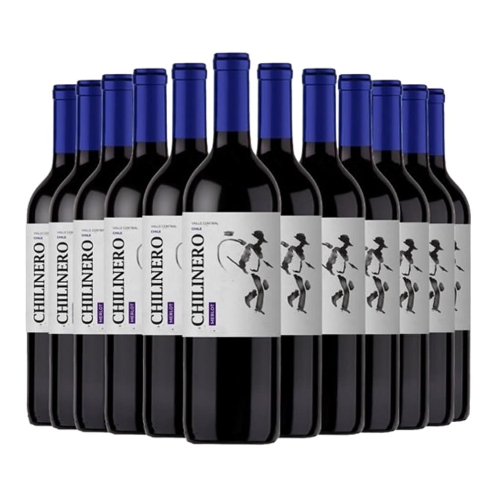 Multiple bottles of Chinero red wine with dark blue caps and white labels arranged in a group display against a white background.