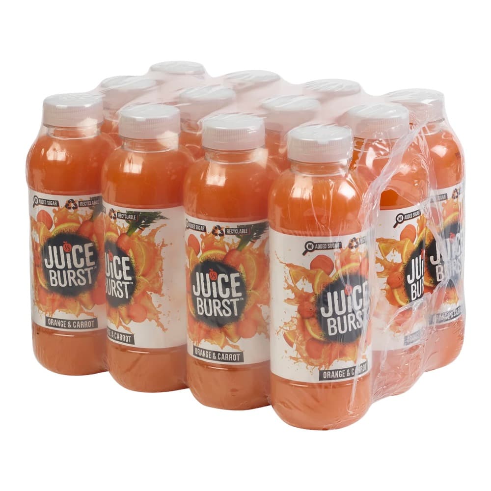 Pack of 9 Juice Burst orange and carrot juice bottles with white caps, arranged on a white background