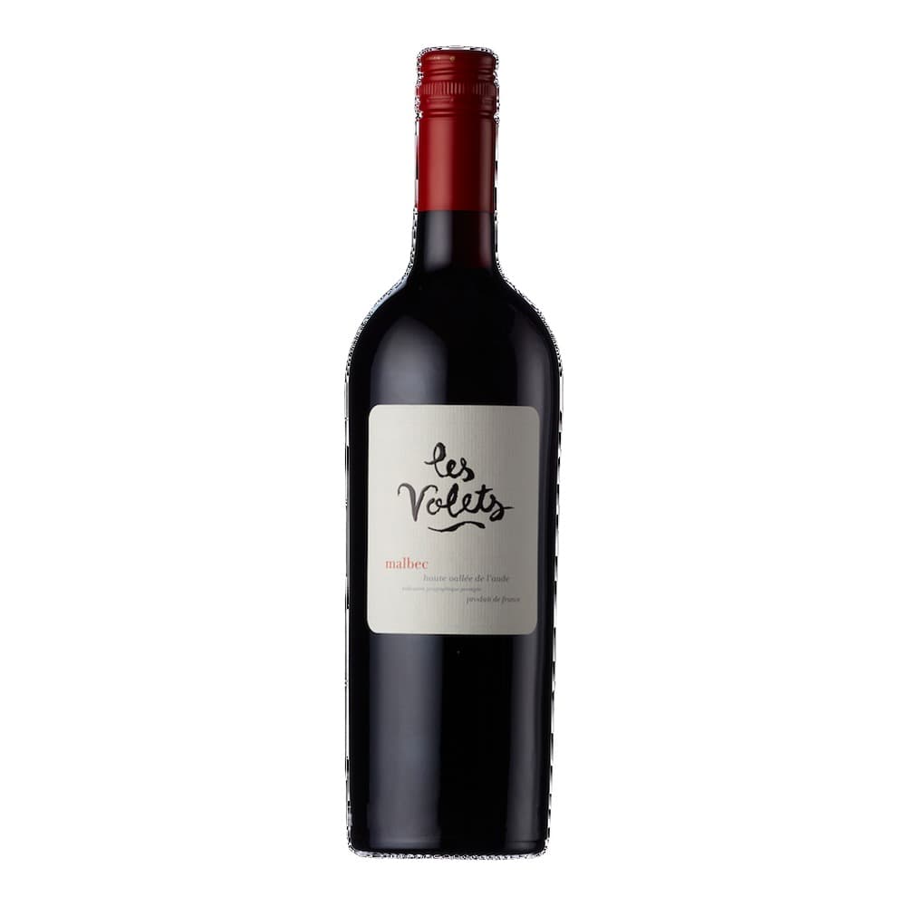 A bottle of Les Volets Malbec red wine with a cream-coloured label featuring cursive script on a white background.