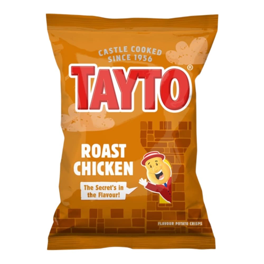 A bag of Tayto roast chicken flavoured potato crisps against a plain white background, featuring the Tayto logo and brand mascot.