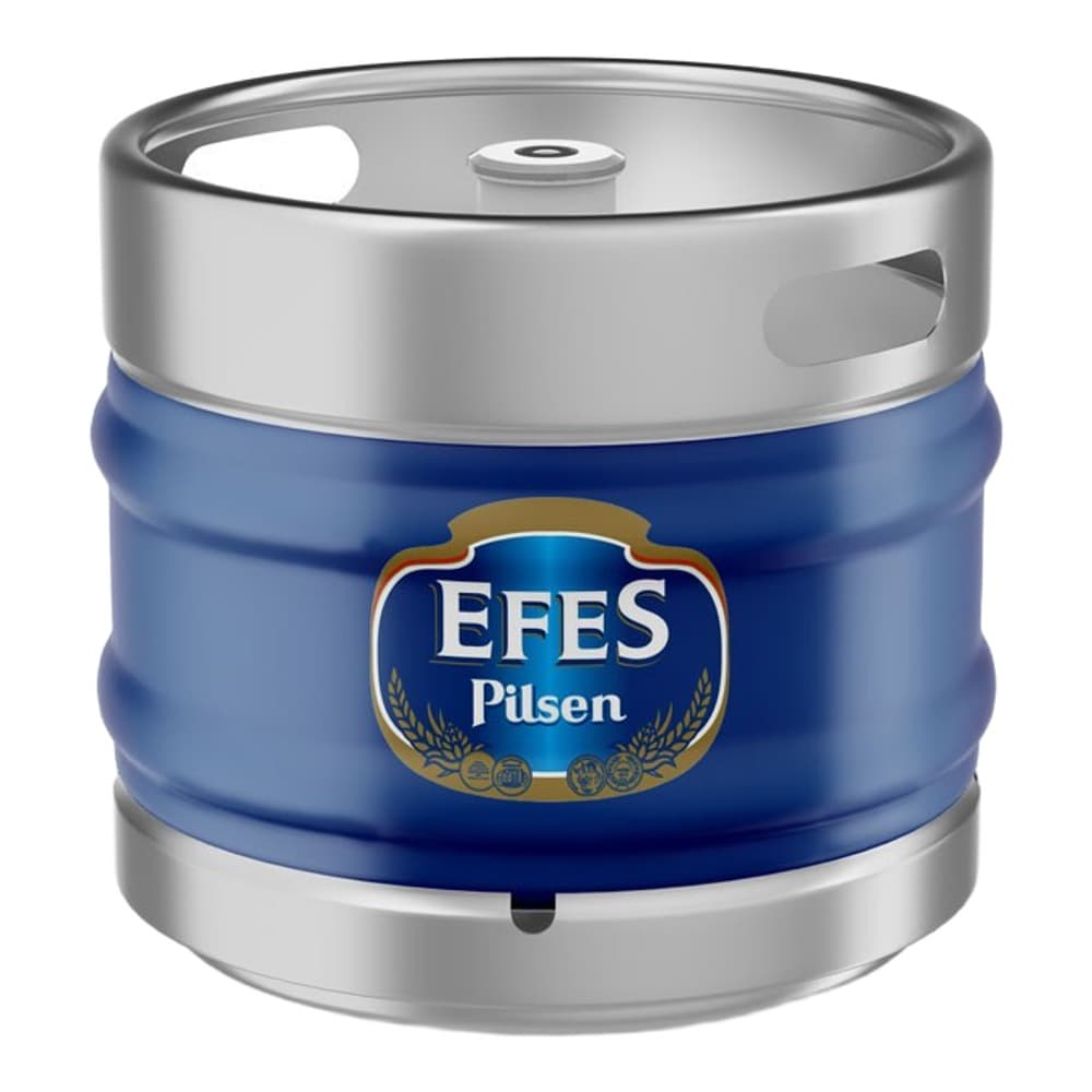 Blue and silver Efes Pilsen beer keg with tap dispenser on white background